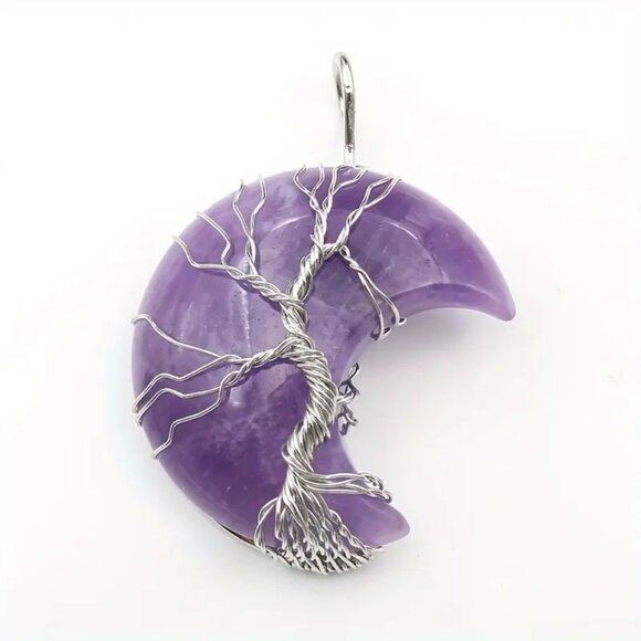 Amethyst Crescent Moon Natural Gemstone Tree Of Life Wire Wrap Pendant - Picture 4 of 4